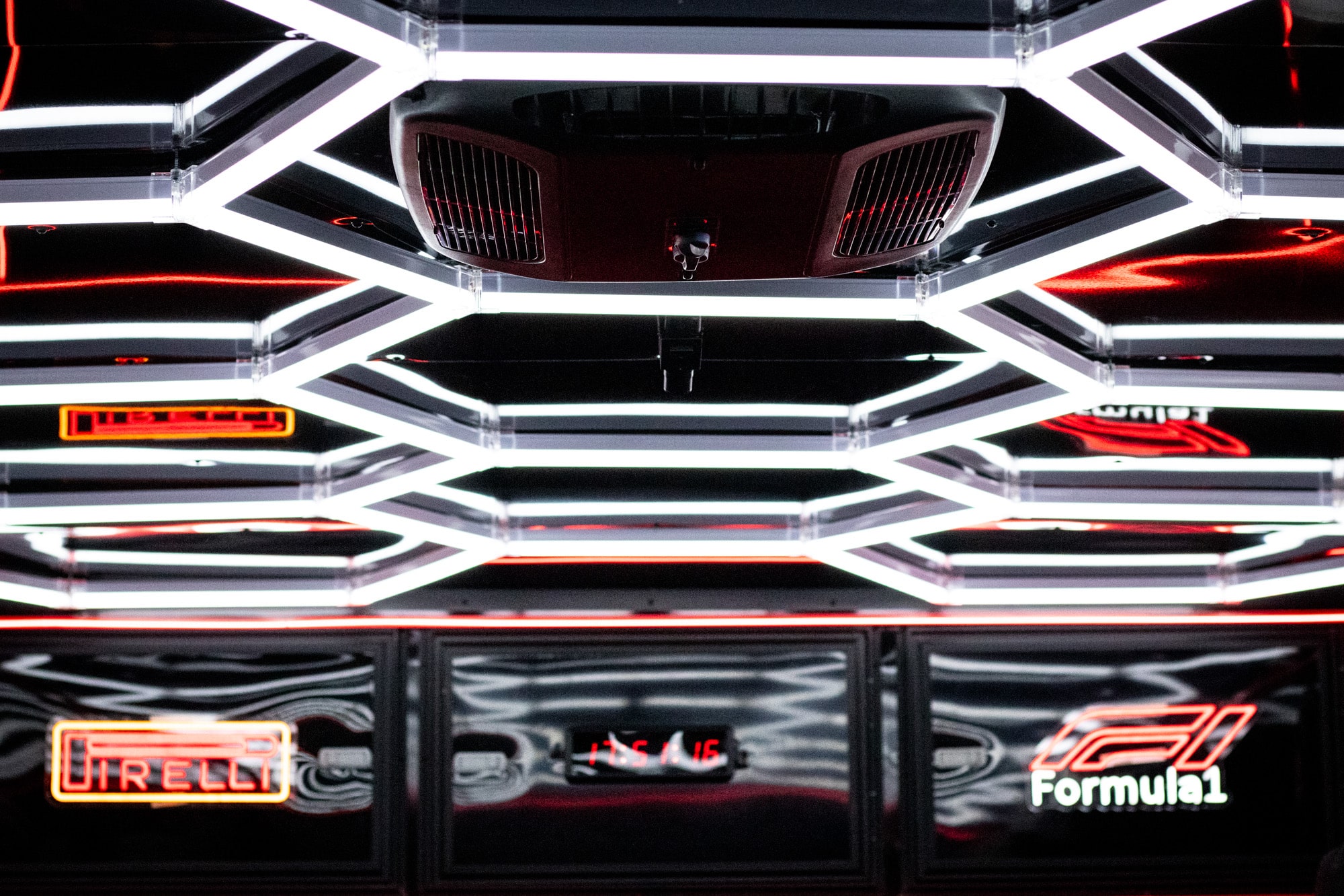 M1 Circuit Racing trailer interior with LED ceiling